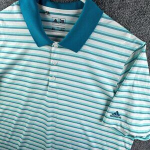 Adidas Golf Polo Shirt Blue White Striped Polyester Stretch Size XL Men S/S